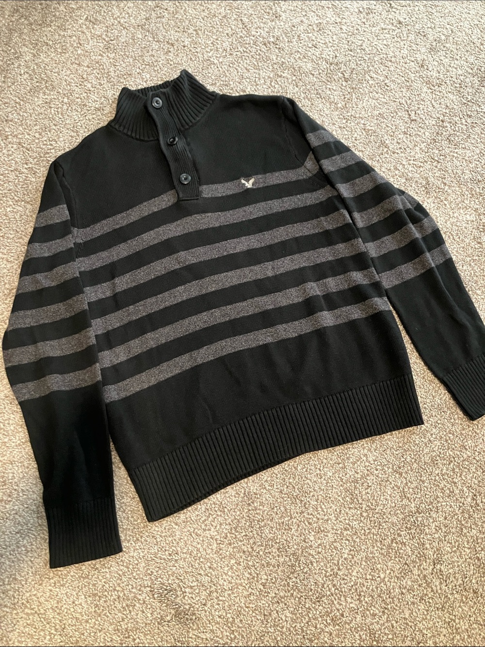 AMERICAN EAGLE ATHLETIC FIT BLACK STRIPED COTTON SWEATER 1/4 ZIP BUTTON SIZE XL